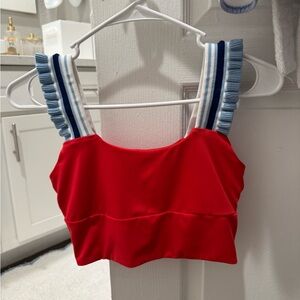 Red Women's Top with Blue and White Straps